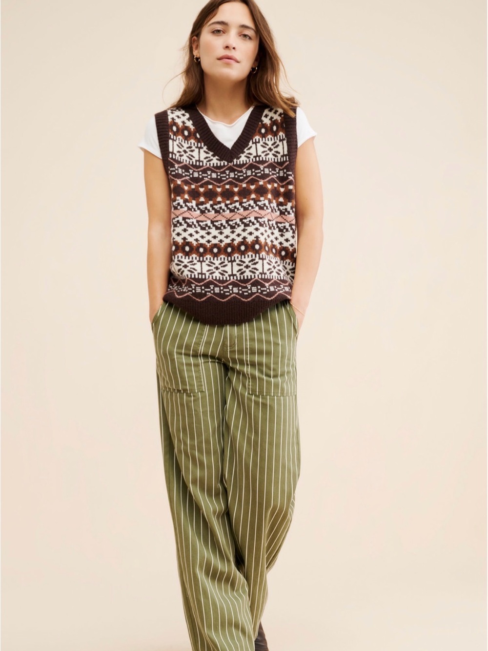 Anthropologie Dot & Lu V-Neck Fair Isle Knit Sweater Vest XS- Brown/White